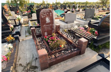 Мемориальный комплекс из красного гранита с оградой в форме ивы