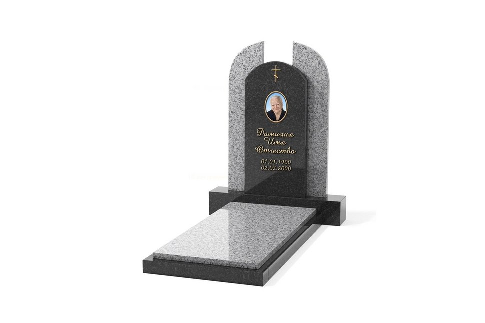 Комбинированный памятник из двух пород гранита с двумя дополнительными стелами